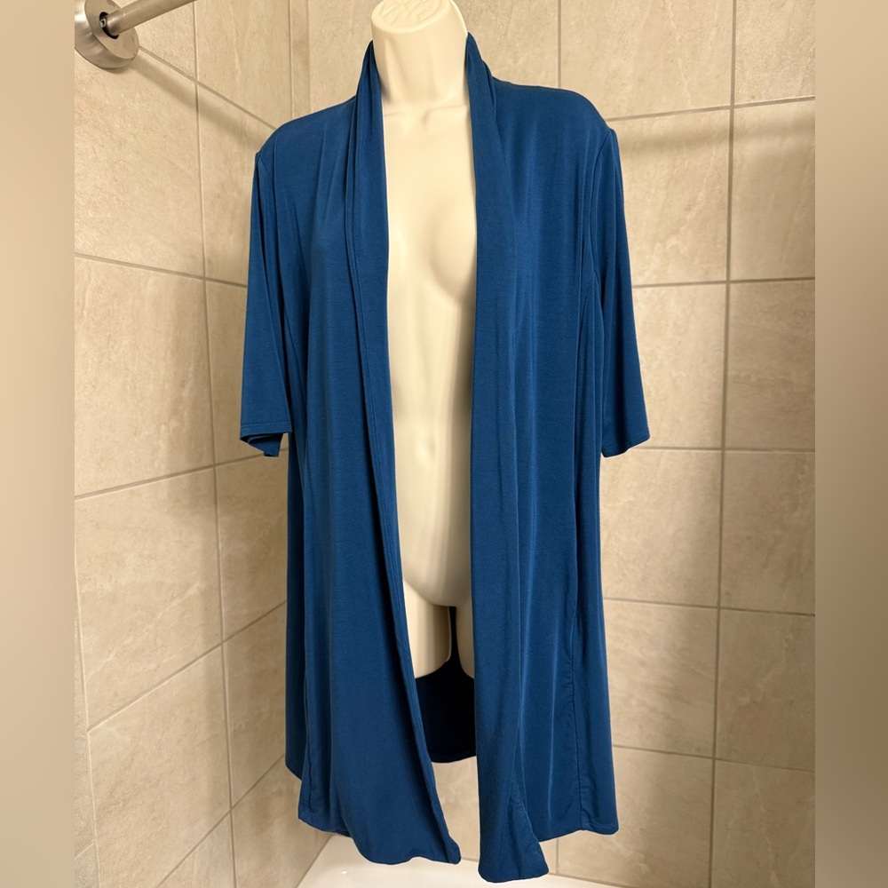 WORN ONCE Philosophy faux shawl collar blue duster sweater with pockets, size L